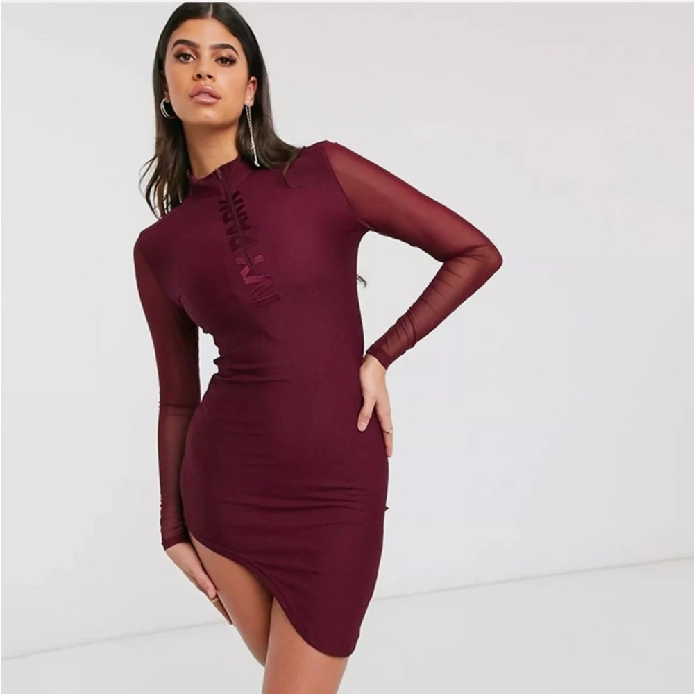 IVYPARK x Adidas Burgundy Asymmetrical Hem Mesh Long Sleeve Dress